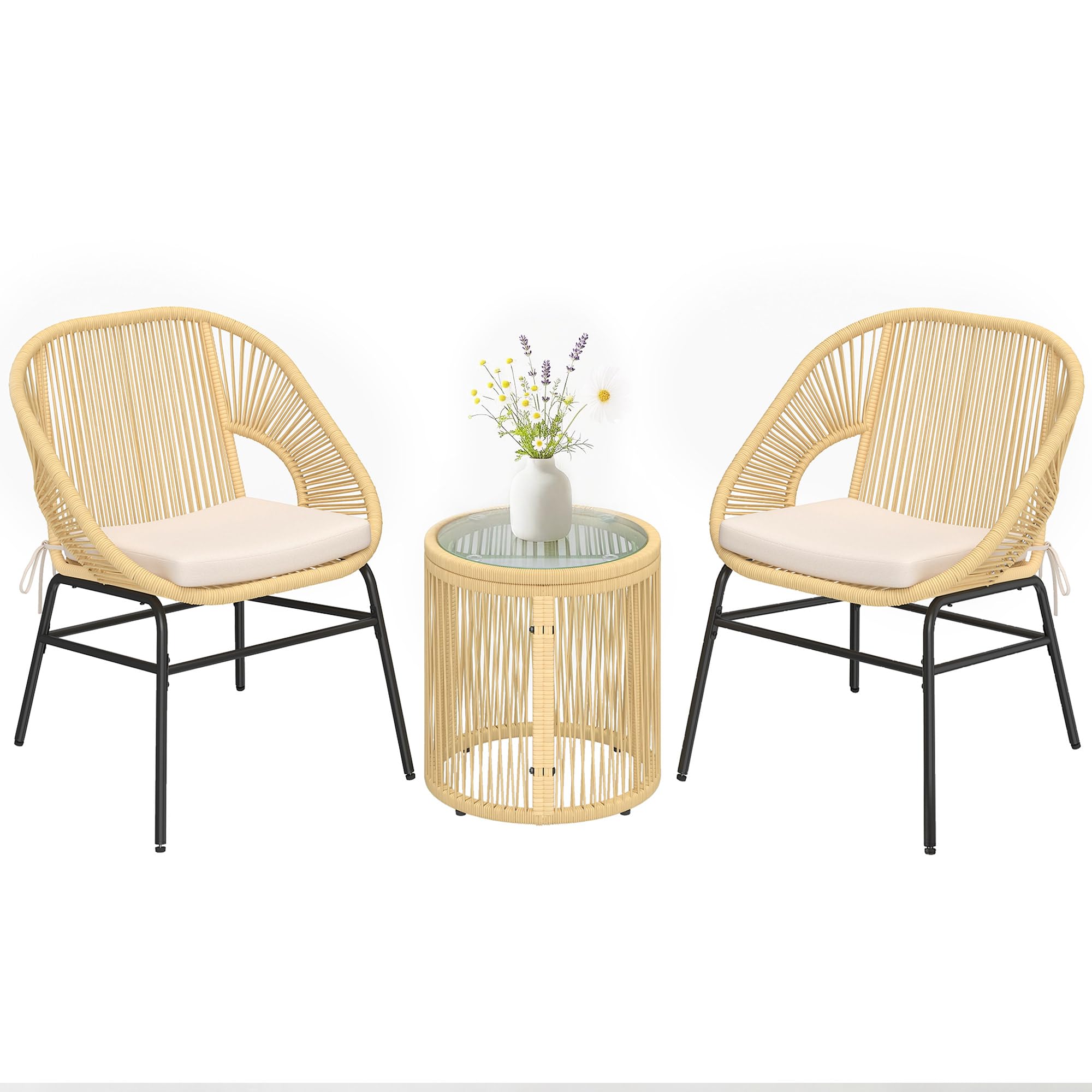 Outsunny Ensemble Bistro 3 Pièces Résine Tressée Salon Balcon 2 Fauteuils Table Verre Trempé Beige