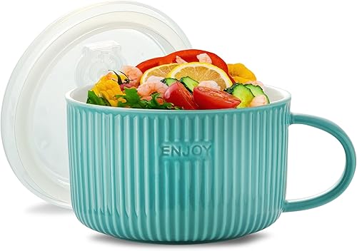 Seyatoo Tazón de sopa de cerámica con tapa, taza de sopa con tapa de mano y hermética, taza de sopa grande para microondas para cereales, ensalada,