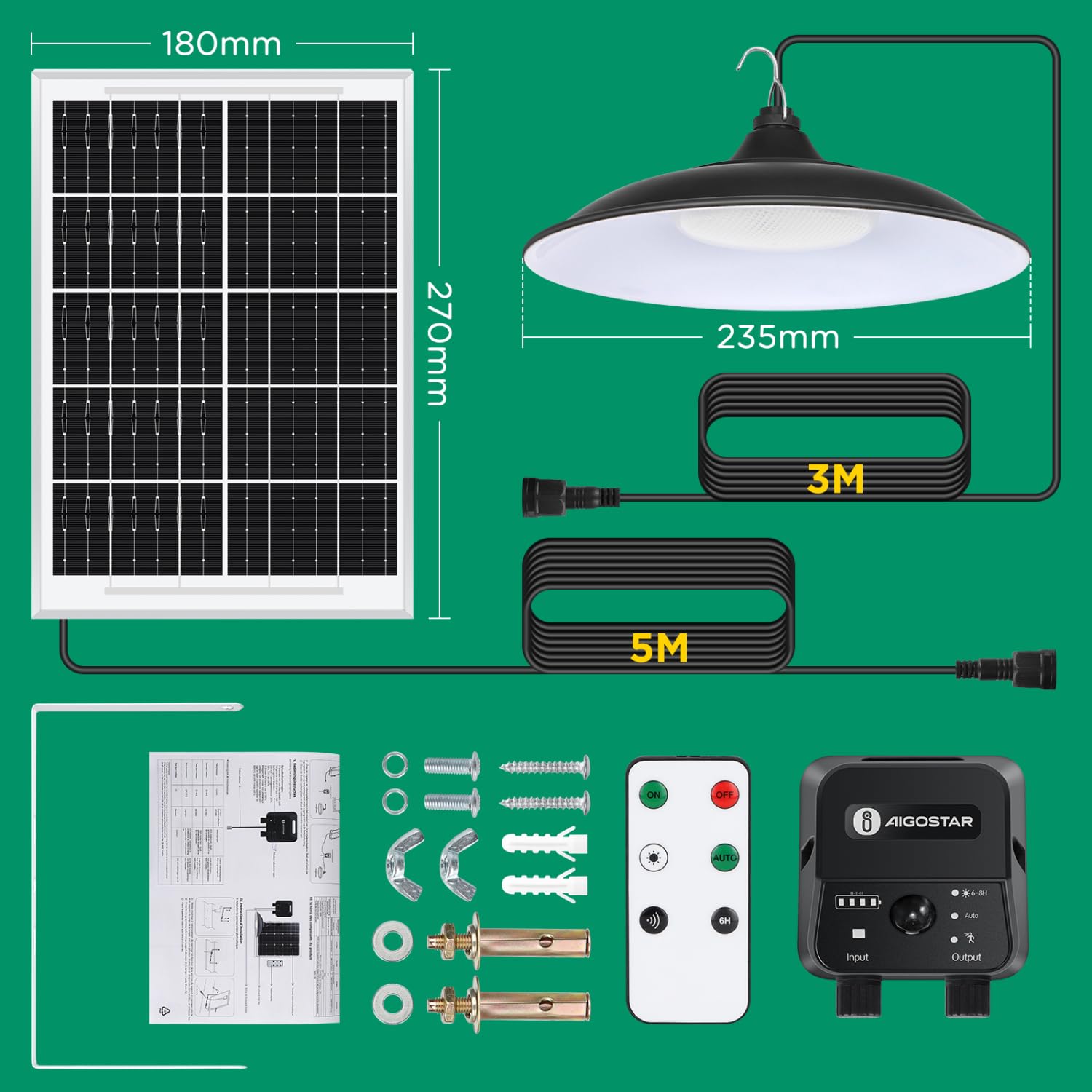 Aigostar-Lampada Solare con Sensore di Movimento,2 Pezzi,Cavo da 8 M,Batteria di Grande Capacità da 6000 mAh,Luce Solari da Esterno con Telecomando,IP65 Impermeabile per Interno/Esterno,6500K