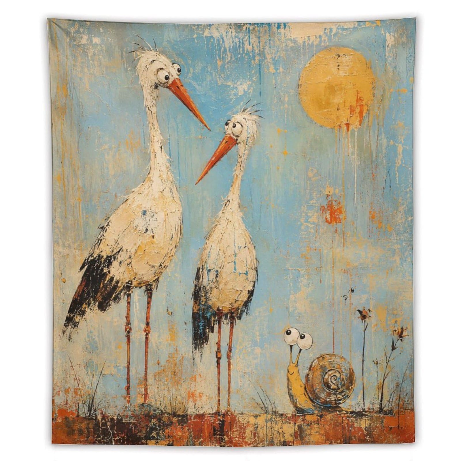 H3B8U2Y5 Storks with Snail Wall Tapestry, Folk Art, Whimsical Bird