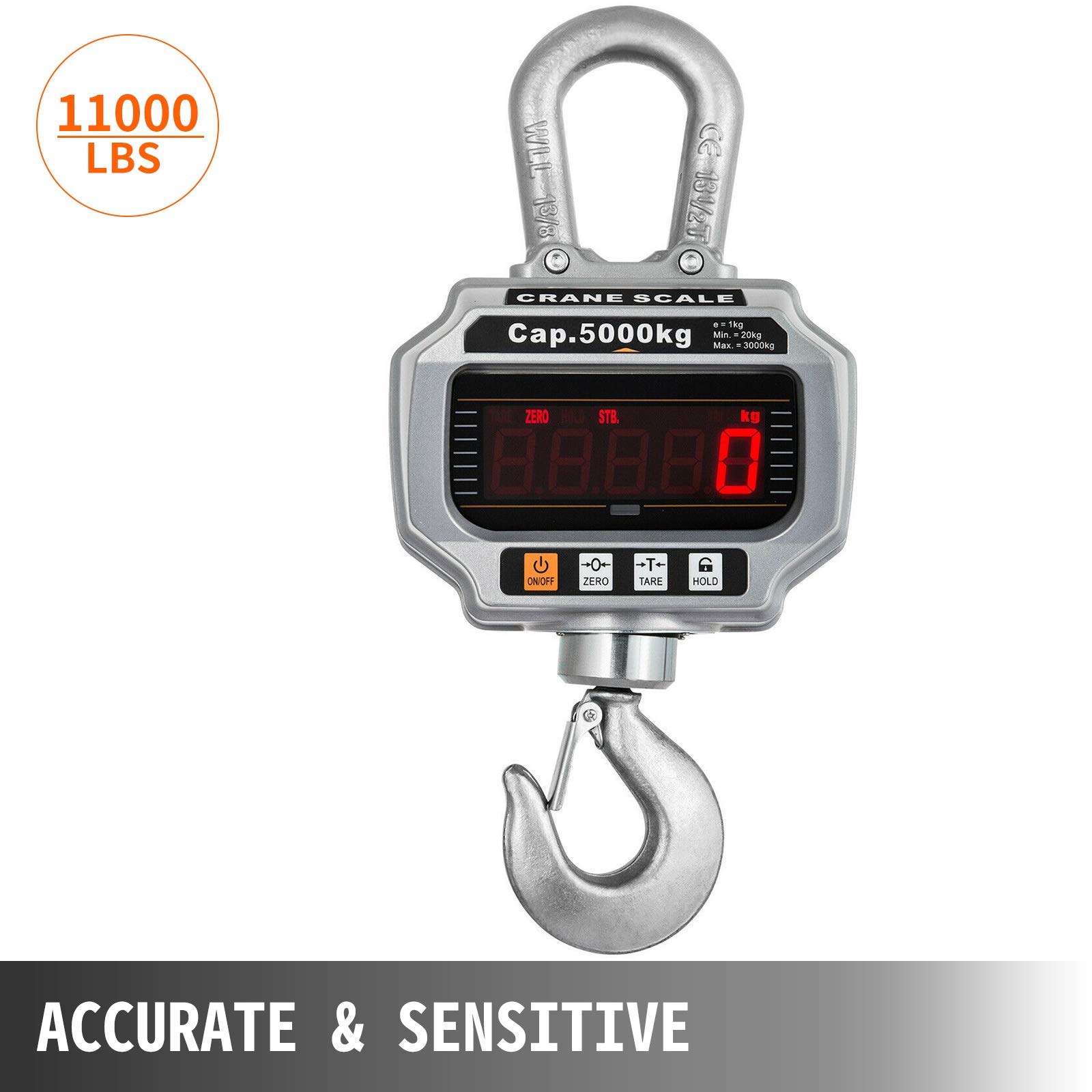VEVOR Peson Électronique 5000kg/11000lbs,Balance à Grue OCS-T,Balance Suspendue industrielle 5T avec crochet et écran LED équipé la télécommande pour le chantier,la pêche,la chasse etc