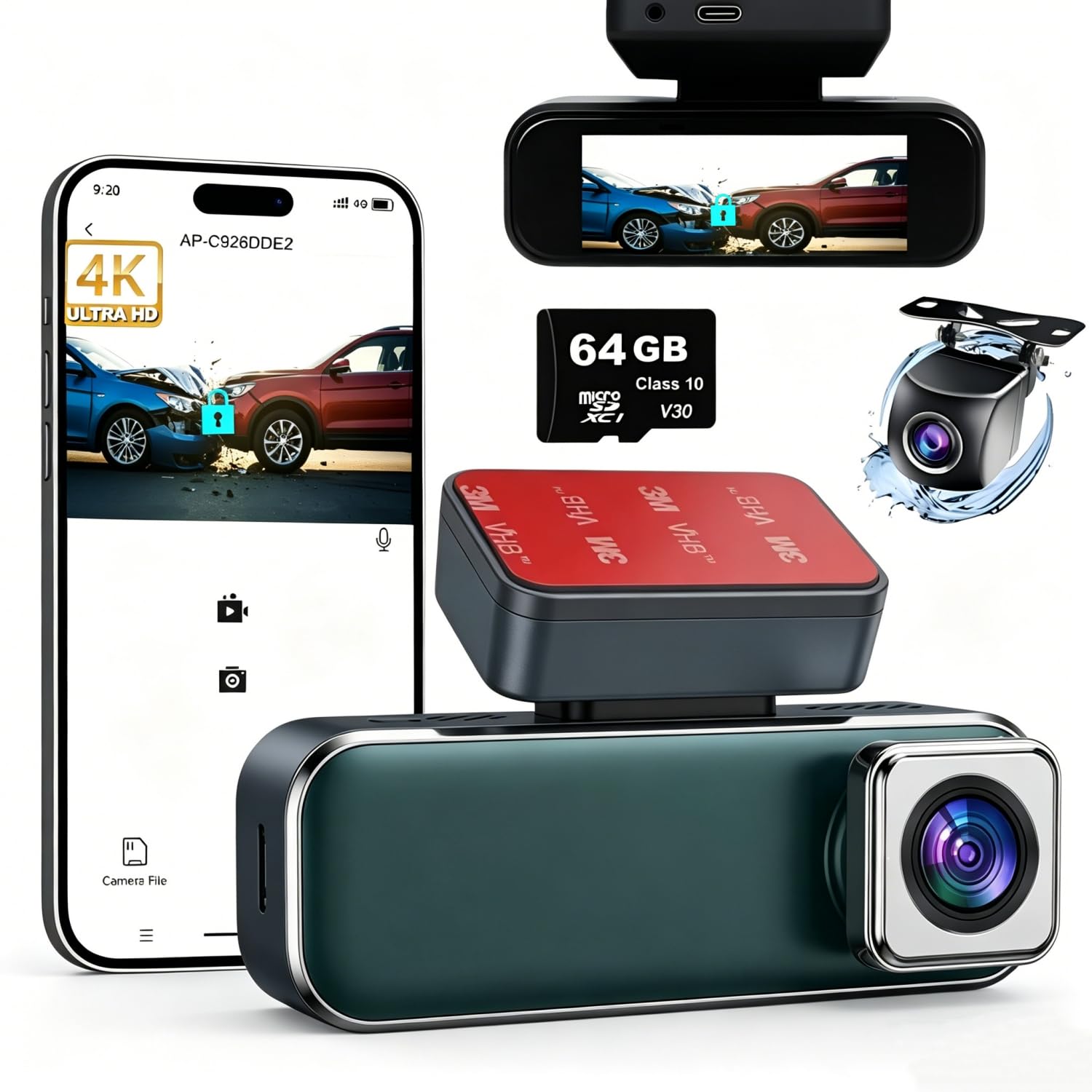 Wireless Dash Cam Front Rear, 4k+1080P Dash Camera for Cars with WiFi App | app control,camara para carro,64GB card, 3.19" IPS Screen, HDR, Night Vision, G-Sensor, Parking Mode, Loop Recording