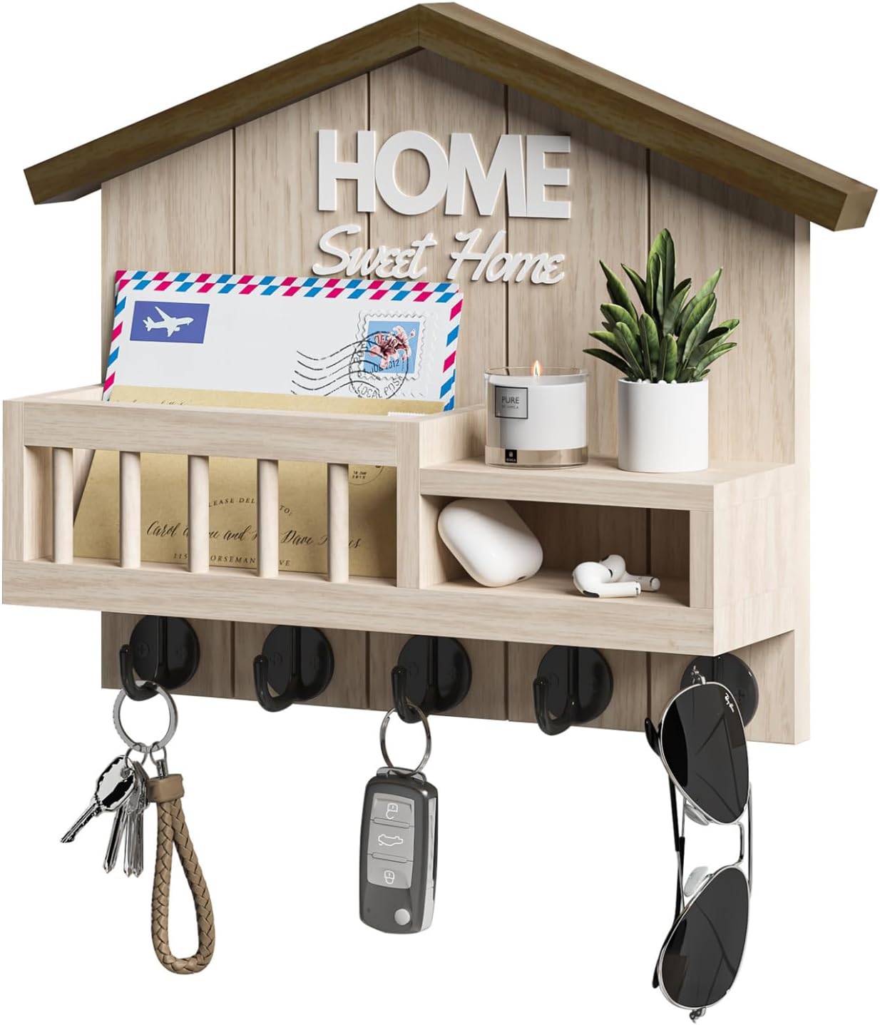 Key and Mail Holder for Wall, Wall Key Holder with Shelf, Home Key Holder for Wall, Wood Key Holder Wall Mount, Mail Organizer Wall Mounted, Entryway & Front Door Key Holder with 5 Hooks(White) Oak