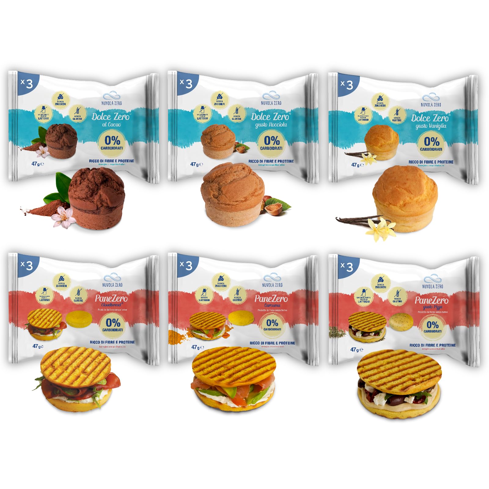 Nuvola Zero - Panezero y Dolce Zero Mix, Sin Carbohidratos, Sin Lactosa, Sin Gluten, Sin Azúcar, Alto en Fibra, Paquete de 18 uds, Diferentes Sabores. Fabricado en Italia