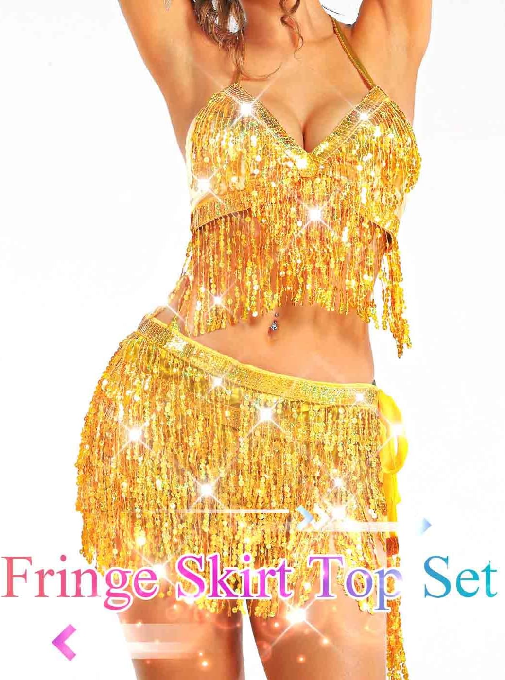 BODIY Sequin Fringe Skirt Top Sparkly Belly Dance Outfits for Women - Image 3