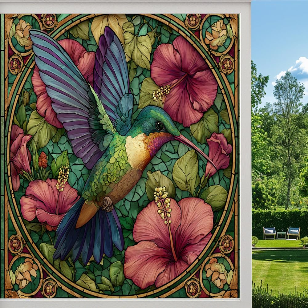 Colorful Hummingbird Privacy Window Film, Bohemian Wild Bird Frosted Self-Adhesive Vinyl Cling for Glass Doors Bathroom Windows Sun Blocking Heat Control,（70x120cm）