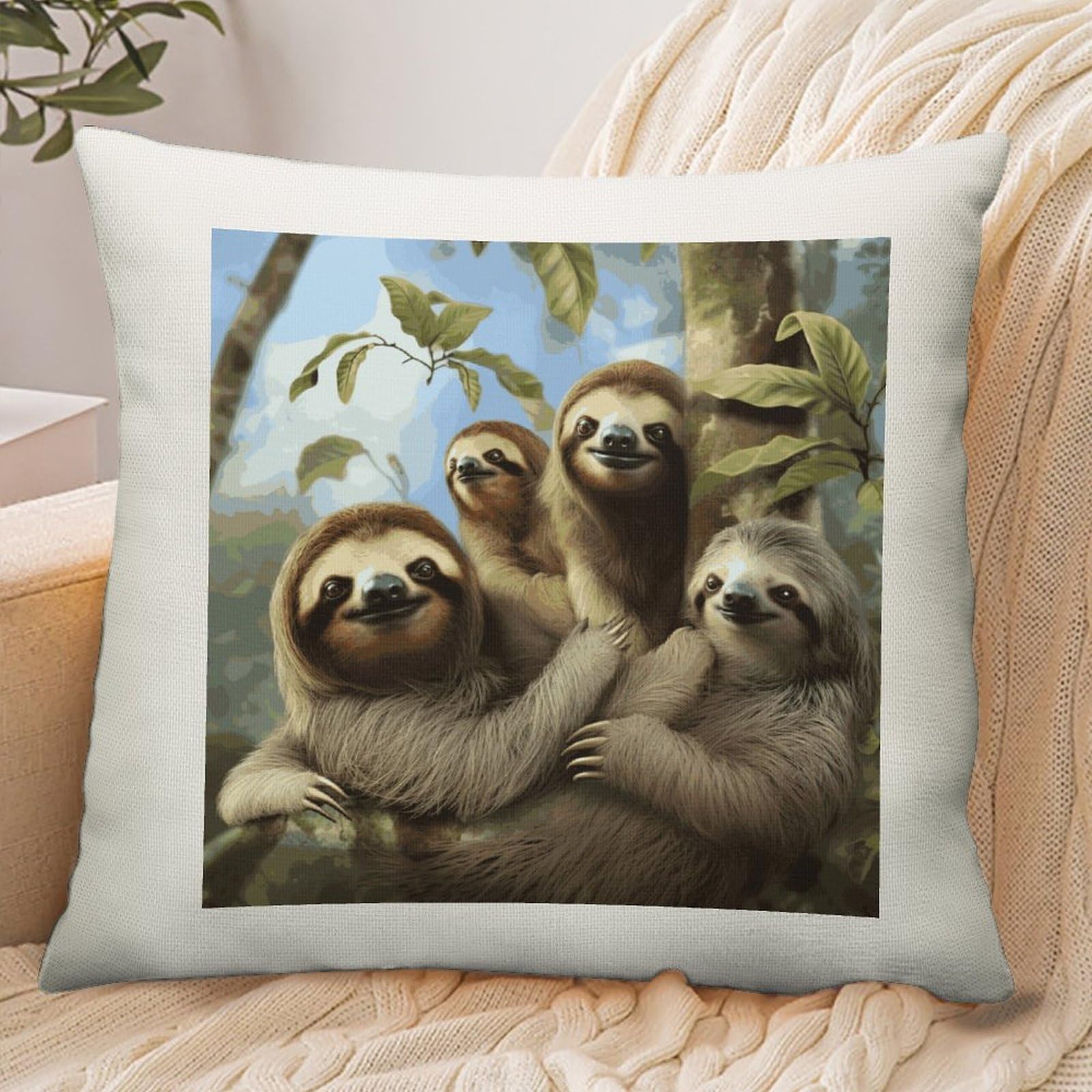 Adfgyerh Style Sloth Family Pillow Cover Breathable,Pillowcases Boho Decorative Envelope Closure,Throw Pillow Covers For Beach,Patio,Balcony,Couch Living Room 18 * 18In