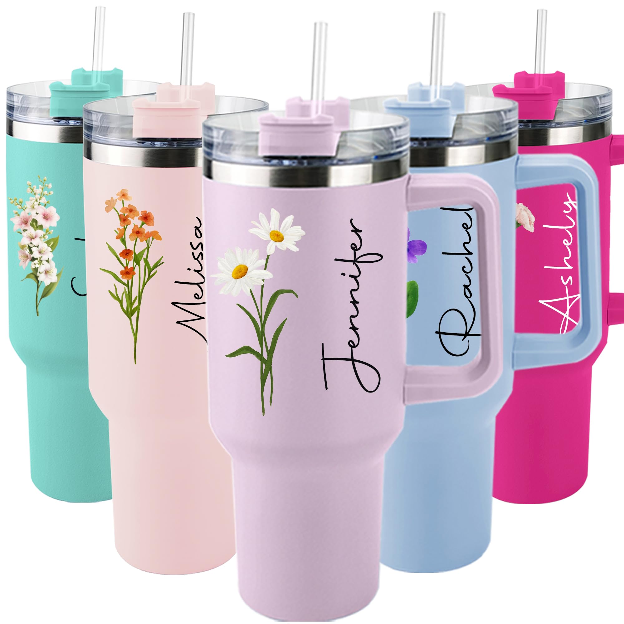 ThermoThrill Ships Next Day from USA Personalized 40 Oz Tumbler with Handle and Straw, Custom Tumbler with Text Photo Stainless Steel Travel Mug Customized Birthday Gifts for Women Men
