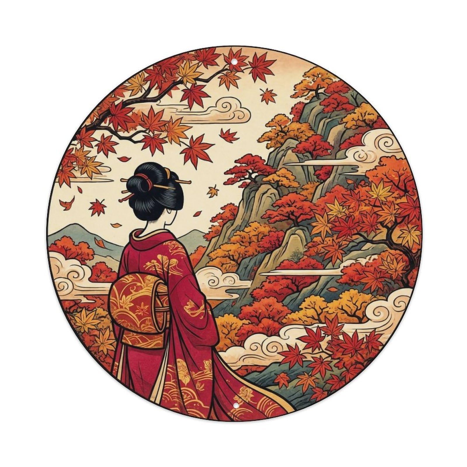 Japanese Autumn Maple Mountain Geisha Red Metal Tin Sign