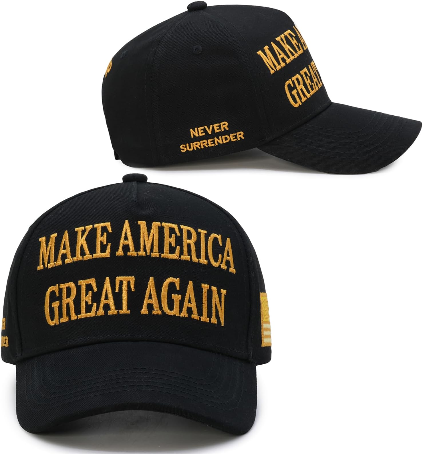 Donald Trump 45-47 Never Surrender MAGA Hat Make America Great Again Slogan with USA Flag Adjustable Baseball Cap Black