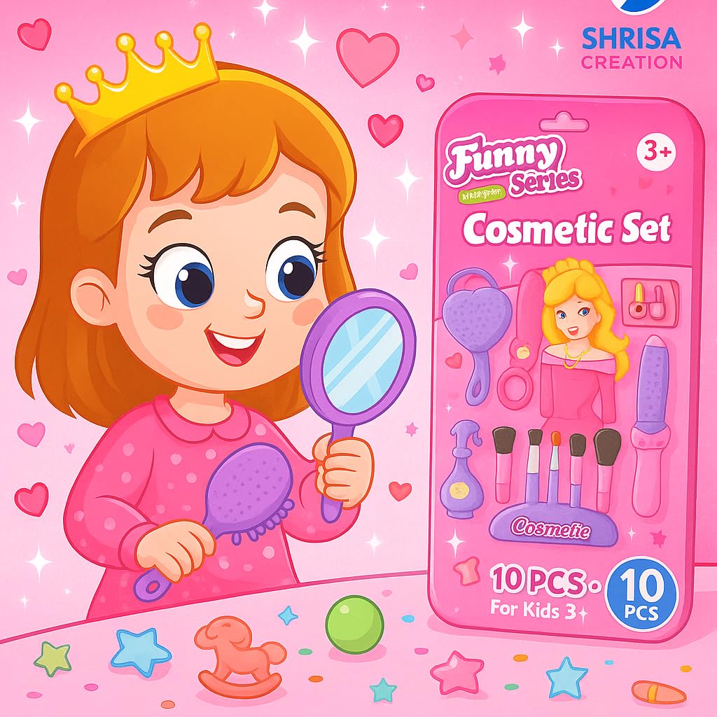 Kids Makeup Toy Set – 10 Pcs Pretend Play Cosmetic Kit for Girls | Hair Styling, Mirror, Combs, Lipstick & Accessories | Safe & Non-Toxic | Ages 3+ (Pink) 3