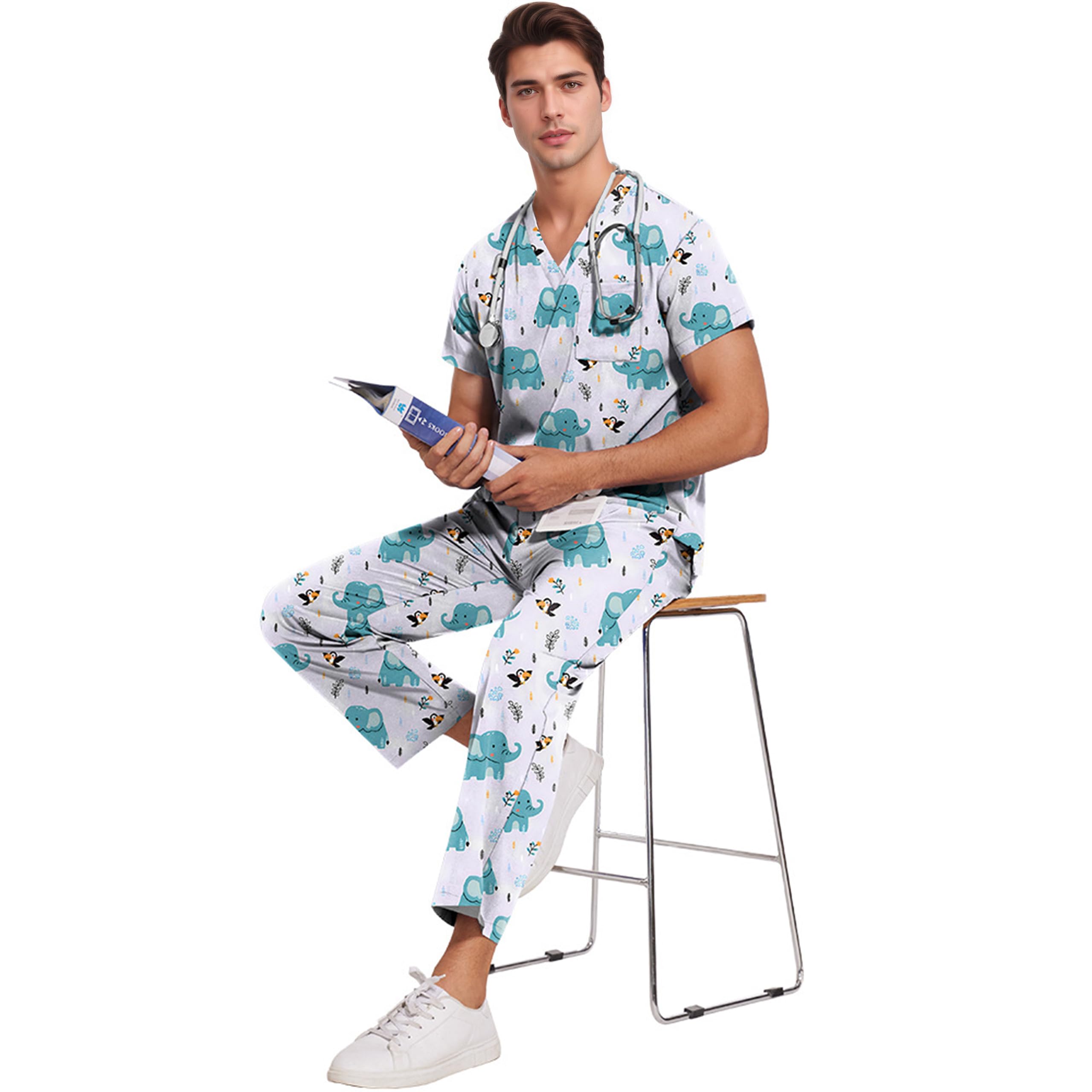 ThreeH Set da Chirurgo Ospedaliero Divisa Medica Elasticizzata con Scollo a V e Pantaloni Jogging Lavabile Tasche Multiple