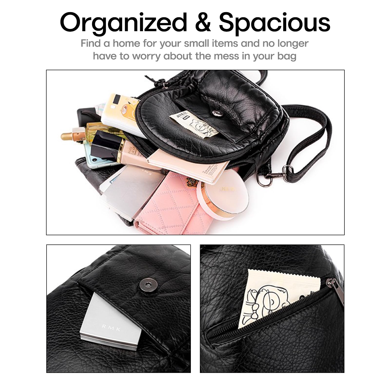 Petit sac à dos pour femme en cuir PU convertible pour Petit sac à dos étanche Sac à main voyage Sac à dos de randonnée avec plusieurs poches Compartiments spacieux (noir)