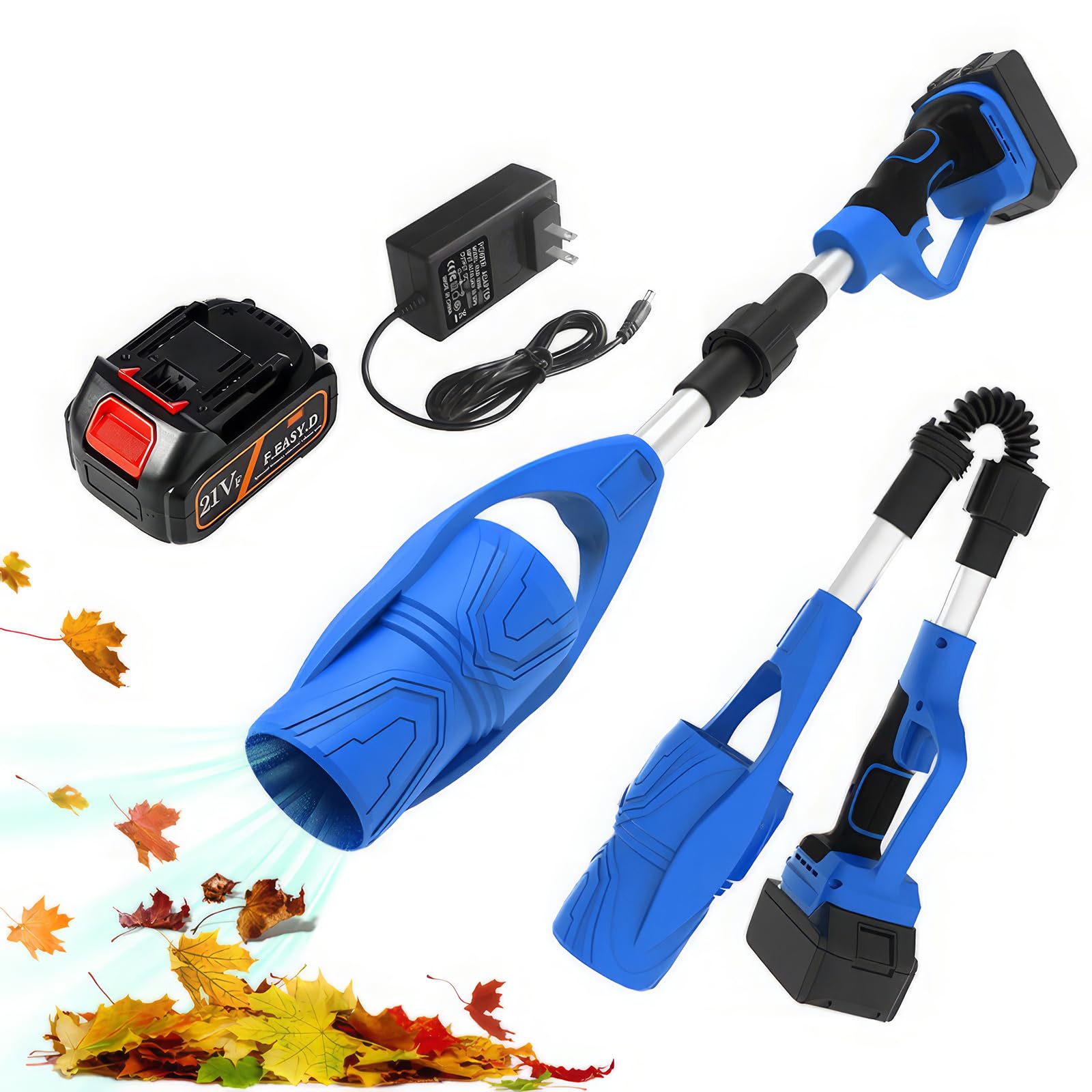 Souffleur de feuilles sans fil pliable 21V avec batterie 3000 mAh bleu pour jardin