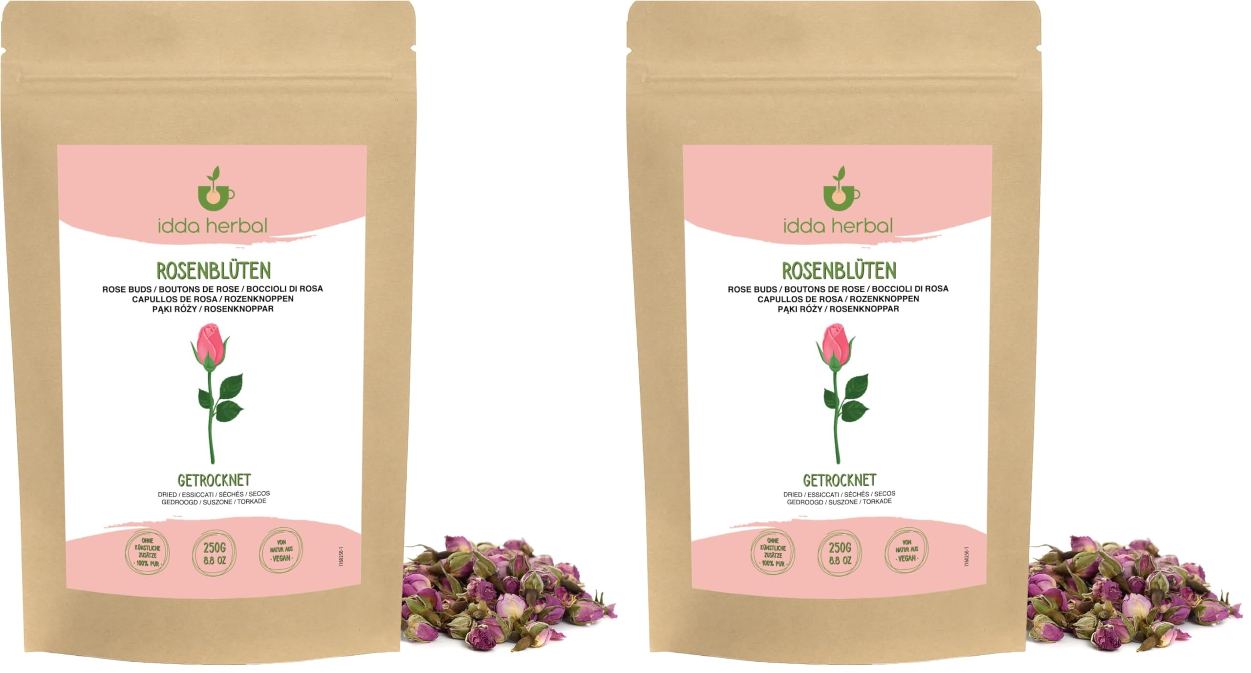 IDDA Herbal Boutons de Roses Séchées 250g, Boutons de Rose Entiers à Infuser, Tisane à la Rose (Lot de 2)