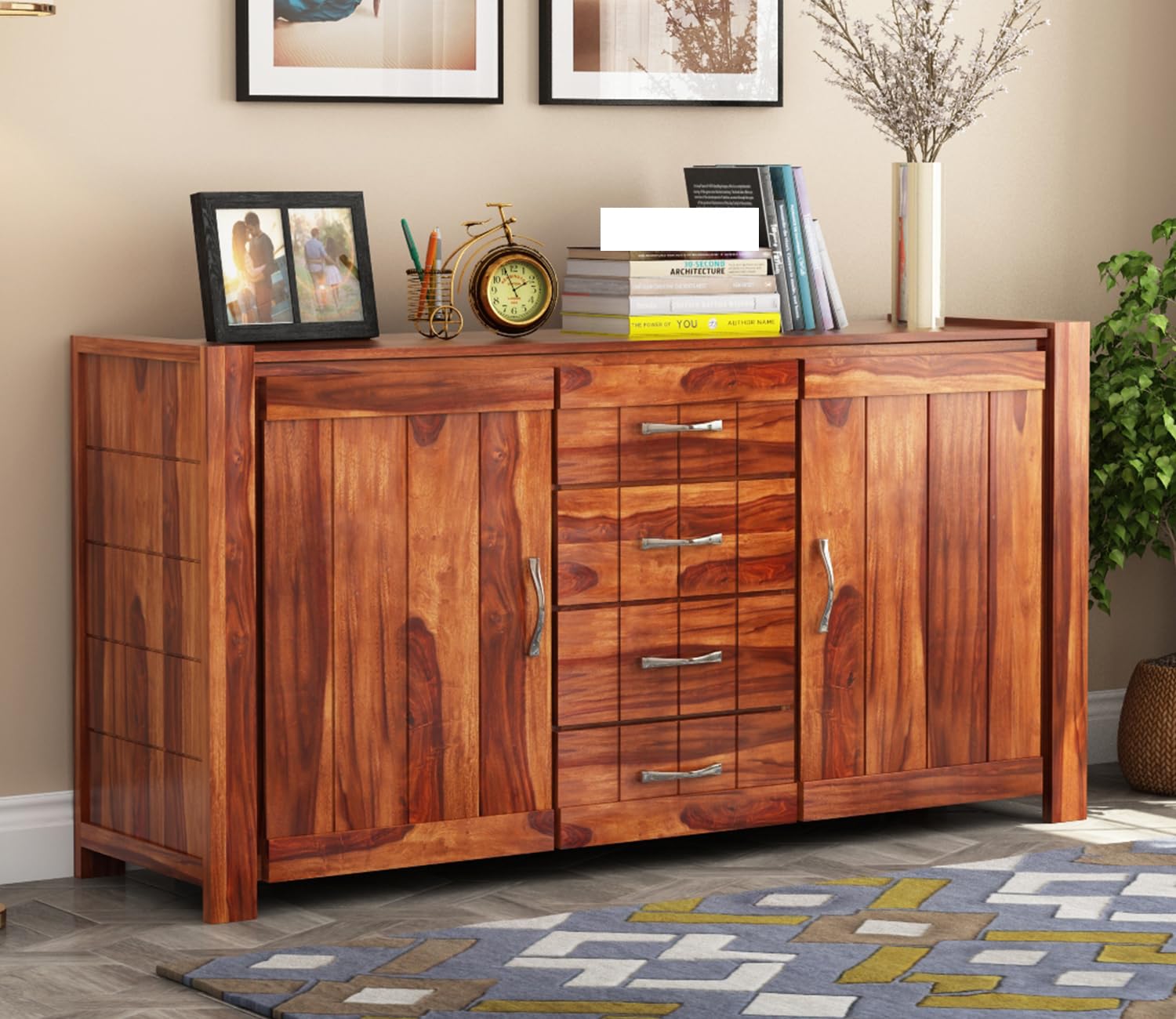 Solid Sheesham Wood Wooden Sideboard Storage Cabinet & Chest of Drawer : Ideal for Living Room and Bedroom with 4 Drawers and 4-Shelf Storage (Bryan, Honey Finish)-picture-33
