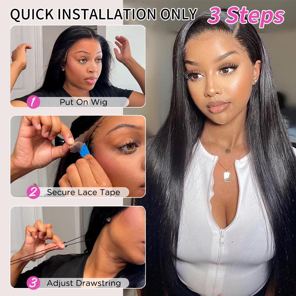Wear and Go Glueless Wigs Human Hair straight Pre Cut Lace Glueless Wig Wear and Go Drawstring Wig Human Hair13x6 Lace Wigs with Elastic 200 Density Natural Color 20 Inch
