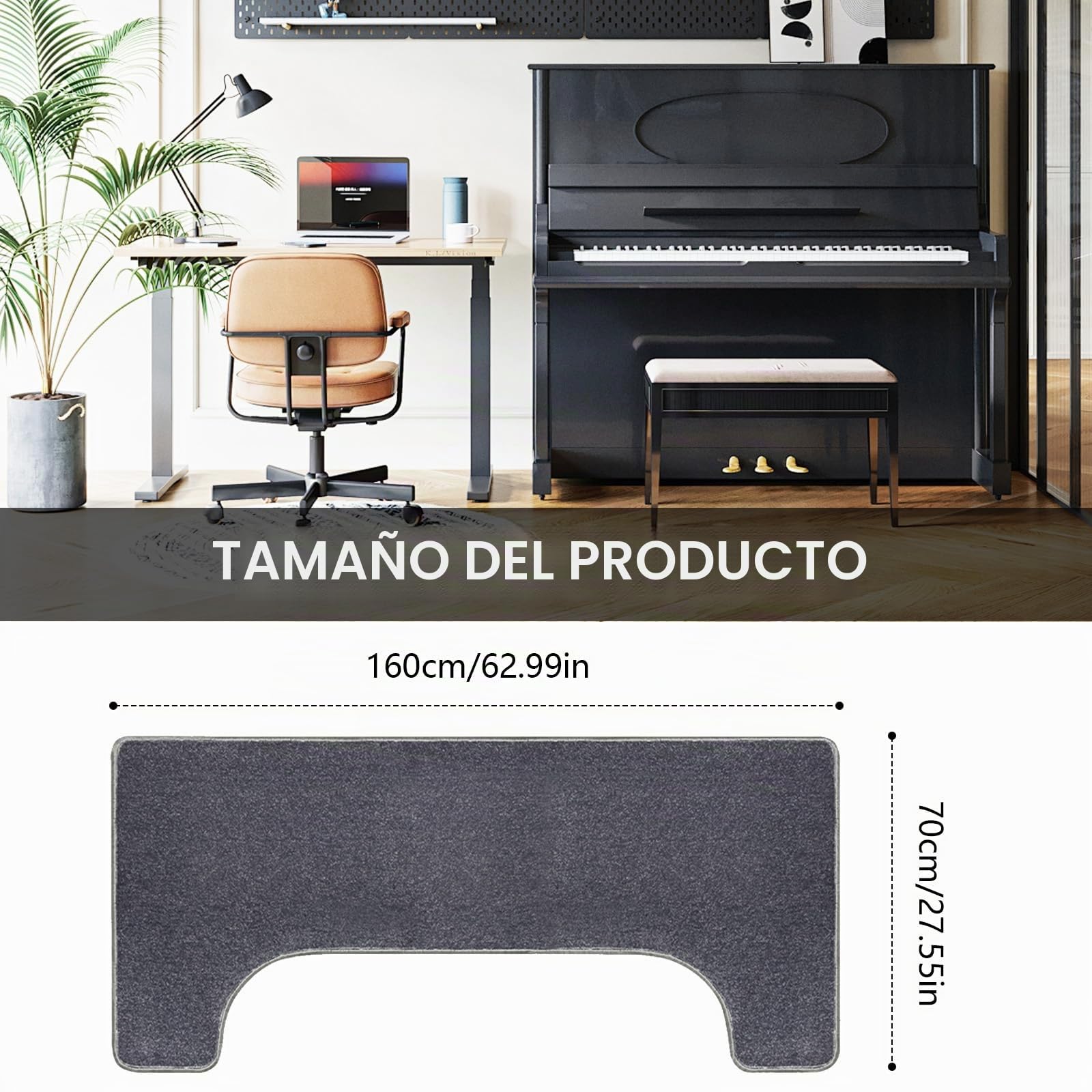 Alfombra Piano, Alfombra Aislante Acústica 160 x 70 cm Alfombrilla Antideslizante Alfombrilla Protectora para Suelo de Piano Alfombrilla Antivibración para Aislamiento Acústico, Gris