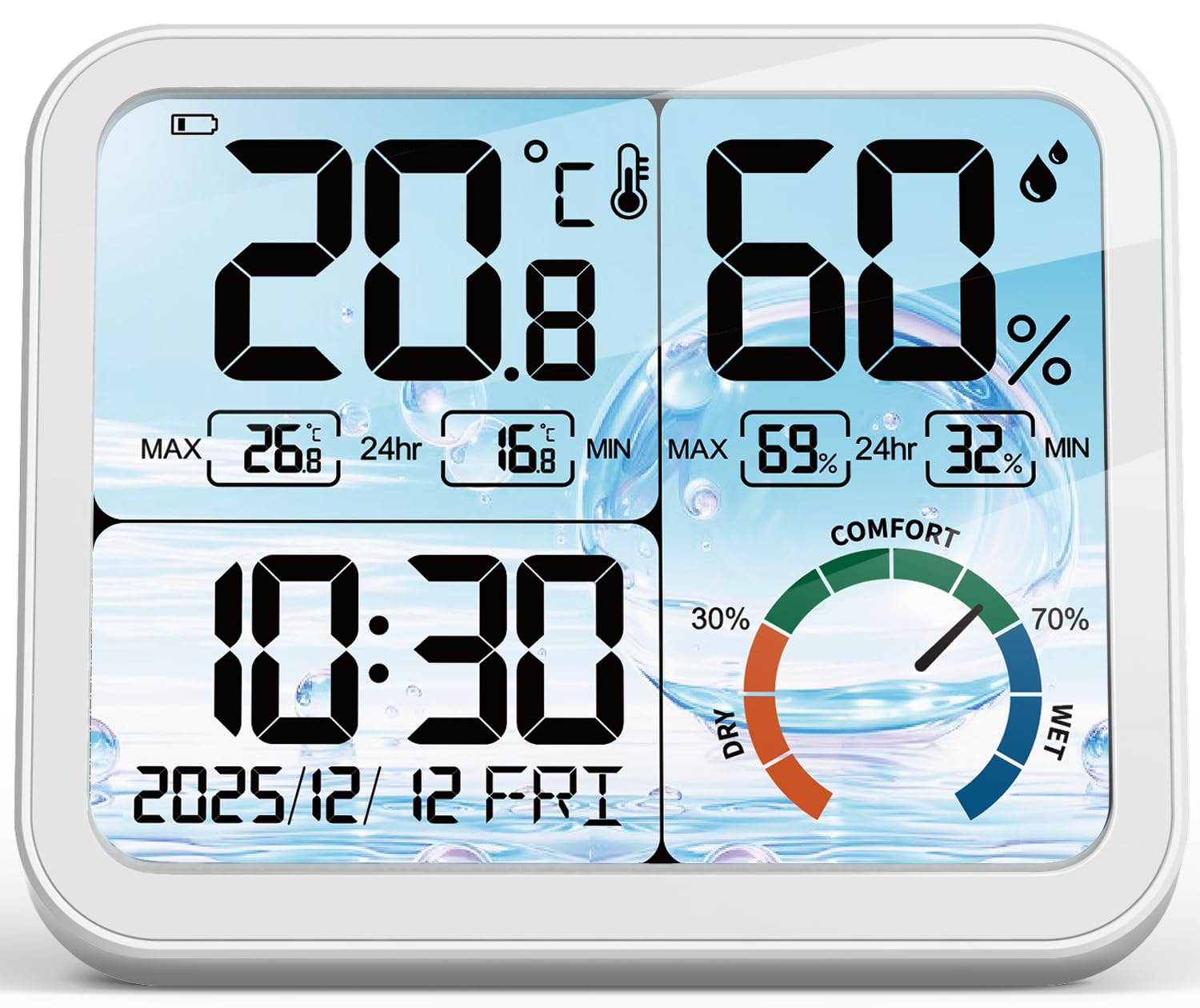 VOCOO Termómetro higrómetro digital interior – 5,8 pulgadas, pantalla extra grande, medidor de humedad preciso, termómetro de habitación con calibración, registros máximos mínimos, comodidad