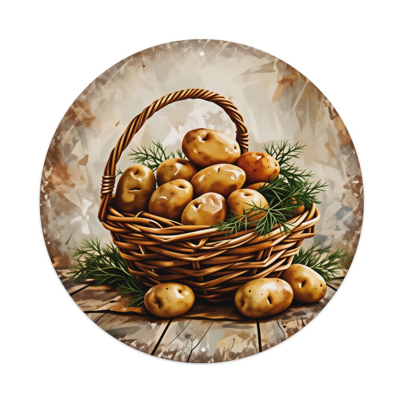 Basket Potatoes Greenery Wooden Style Background Metal Tin Sign Vintage Garden Bedroom Cafe Bar Man Cave Home Wall Decor Metal Poster 8x8 inches