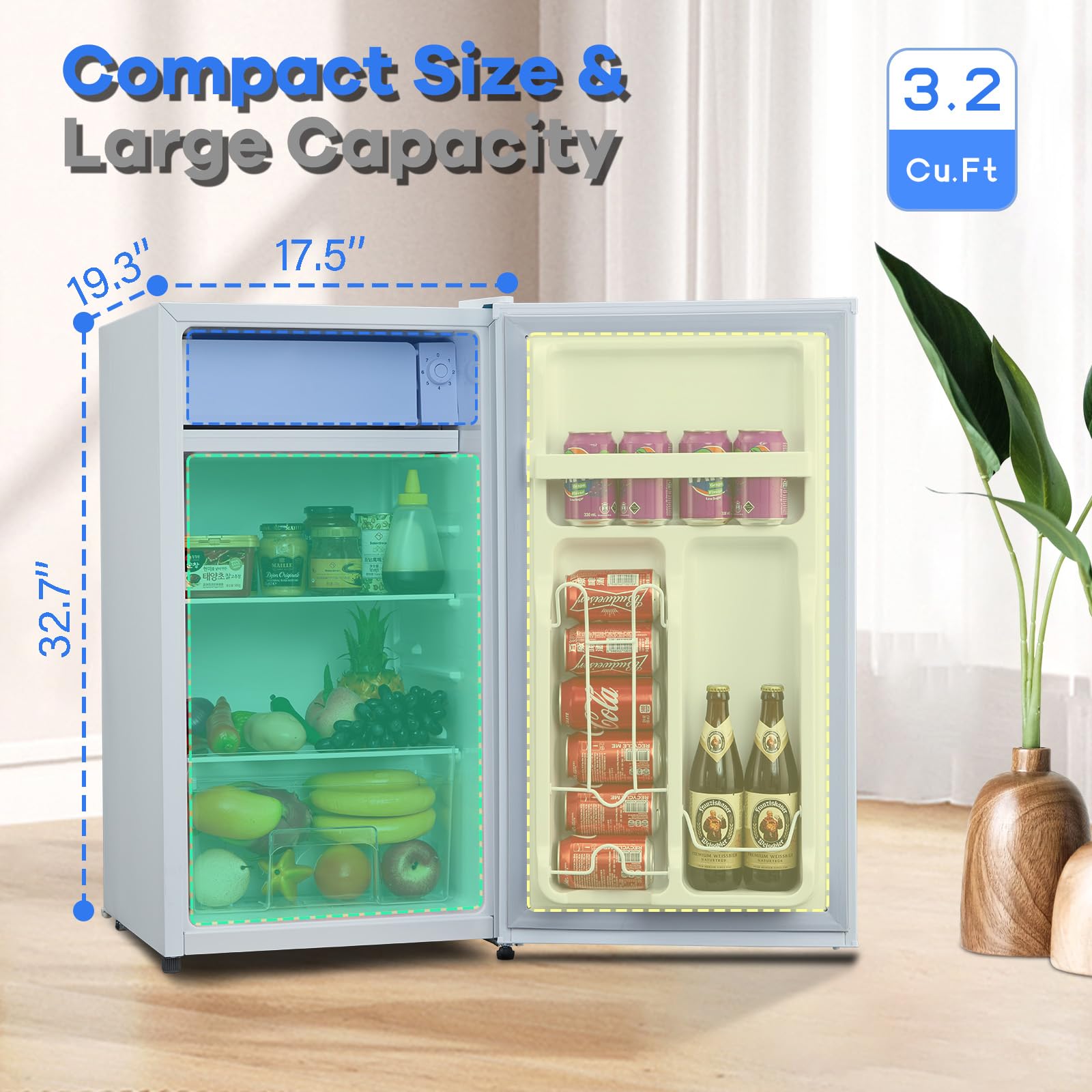 dainslef 3.2 Cu.Ft Compact Refrigerator with Freezer, Mini Fridge with Adjustable Thermostat, Low Noise & Energy-Efficient, Small Single Door Fridge for Bedroom, Office, Dorm, Apartment