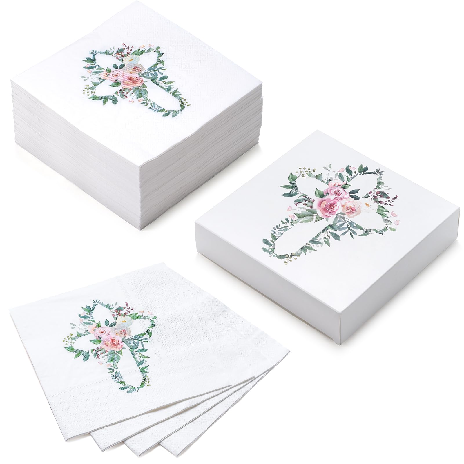 WRAPAHOLIC 50Pcs Floral Baptism Napkins - 3 Ply Floral Cross Disposable Paper Luncheon Napkins for Christening Religious, First Communion, Newborn Baby Shower Party Supplies - 6.5 x 6.5 In
