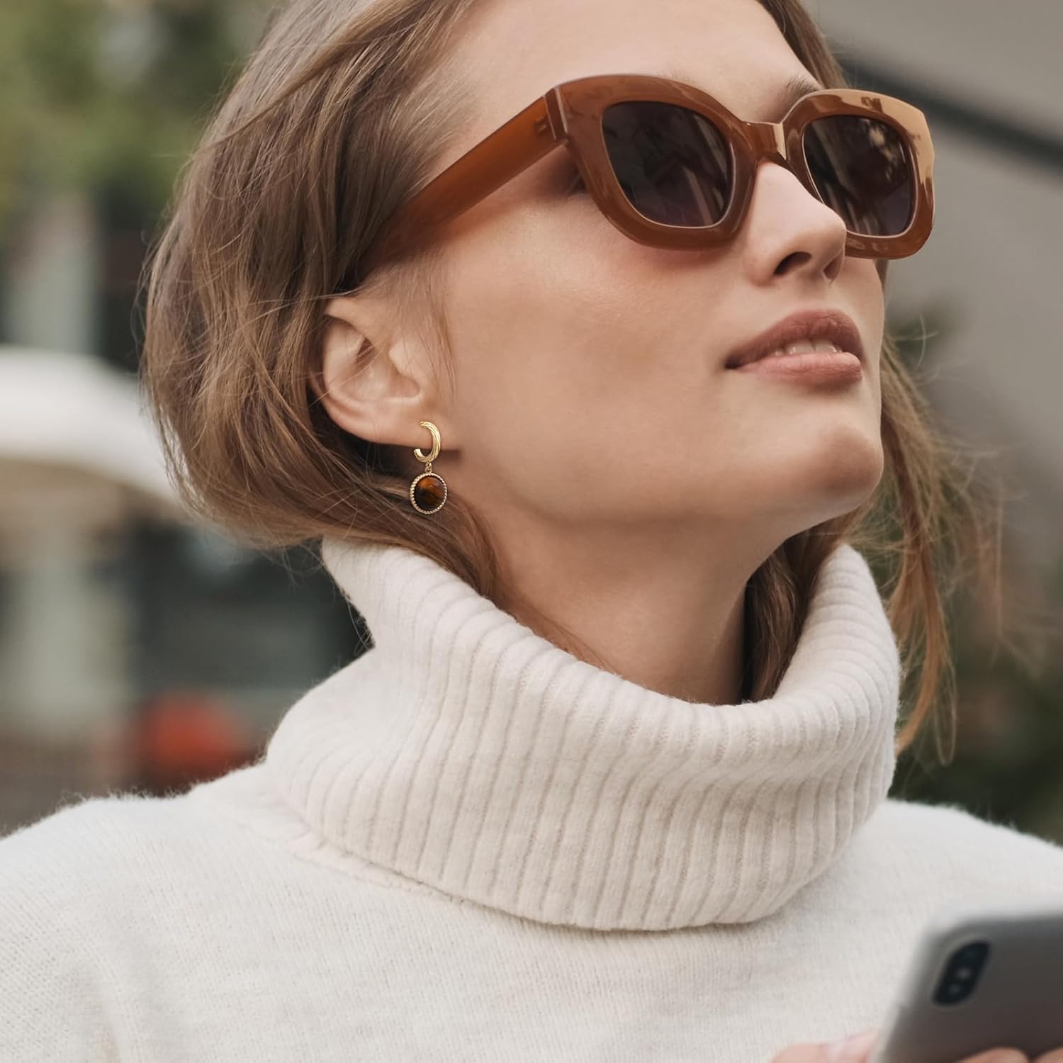 Tiger Eye Earrings with 14k Gold Plated Dangle Earrings for Women, Brown Gemstone, Hoop Stud Style - Image 3