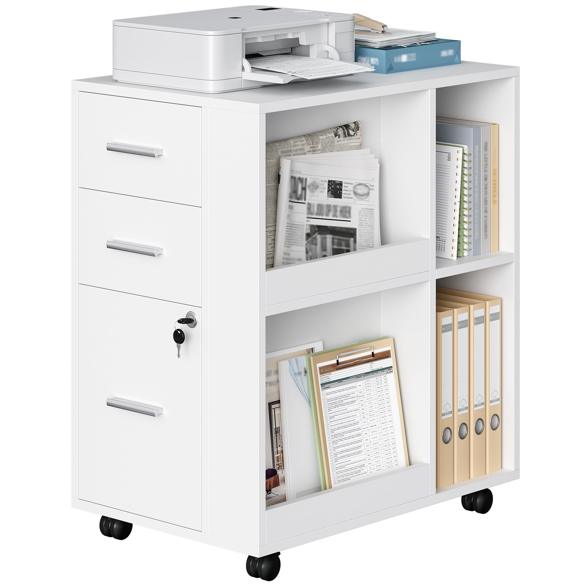 Hzuaneri Caisson Bureau 60 x 40 x 70cm 3 tiroirs Porte-revues Blanc