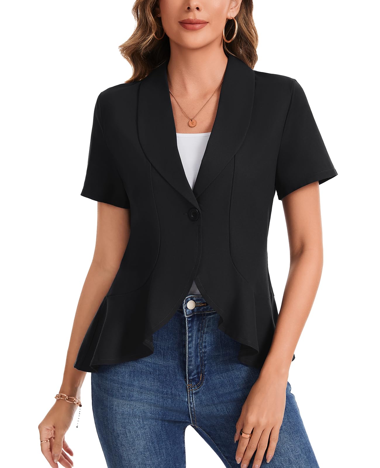 Blazer da donna a maniche corte in cotone e lino, elegante, con un bottone, abbigliamento casual da lavoro, ufficio