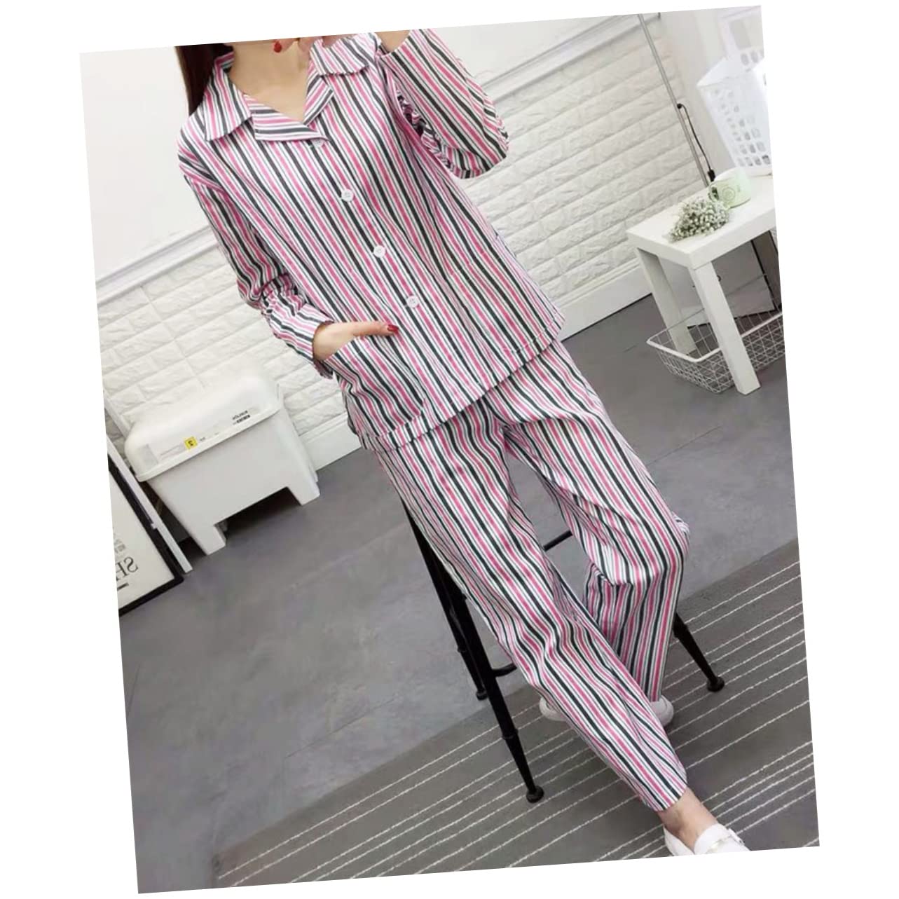 FRCOLOR Pijama Algodón Manga Larga Cómodo para Hospital y Hogar Conjunto Unisex con Botones y Azul y Blanco Rayas