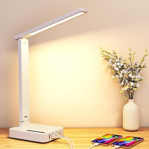 Lámparas de escritorio para oficina en casa, lámpara de escritorio LED moderna para dormitorio con 3 puertos de carga USB, 2 tomas de corriente