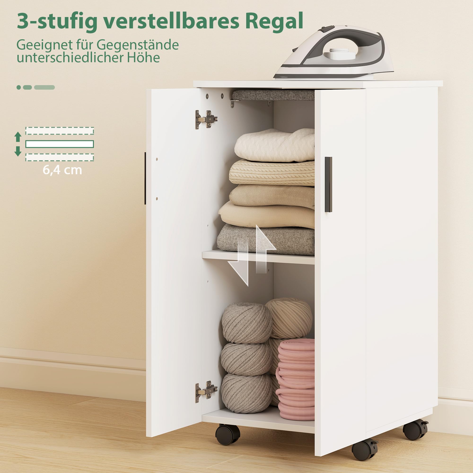 HOMCOM Faltbarer Bügelbrettschrank mit 2 Türen 99,5 x 43 x 83 cm Weiß | Verstellbare Regale, Klappbarer Bügeltisch, Rollen, Aufbewahrung, Soft-Close-Scharniere, für Waschküche