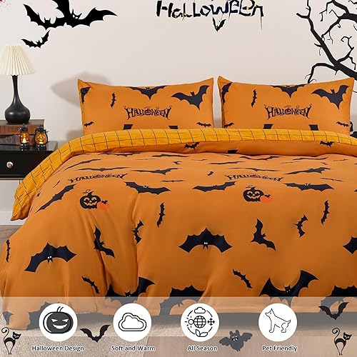 Miniatura 3 de Xruibed Juego de funda de edredón de Halloween, tamaño Queen, calabaza, murciélago, naranja, juego de funda de edredón de 3 piezas, funda de edredón