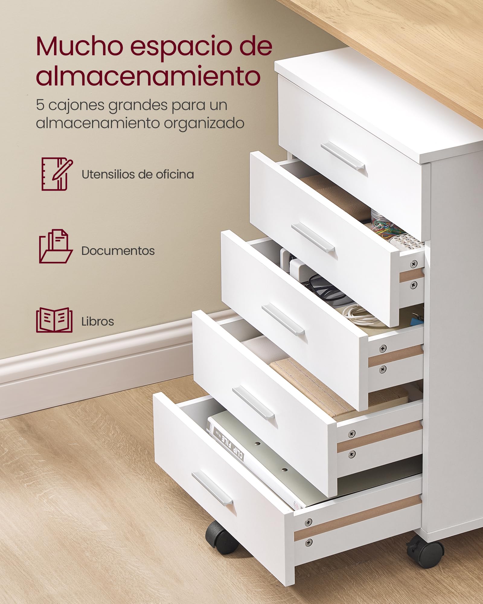 VASAGLE Archivador Móvil, Armario Móvil de Archivos, Cajonera, Soporte para Impresora con 5 Cajones, con Guías Deslizantes sin Tornillos, para Oficina, Casa, Blanco Nube OFC081W01