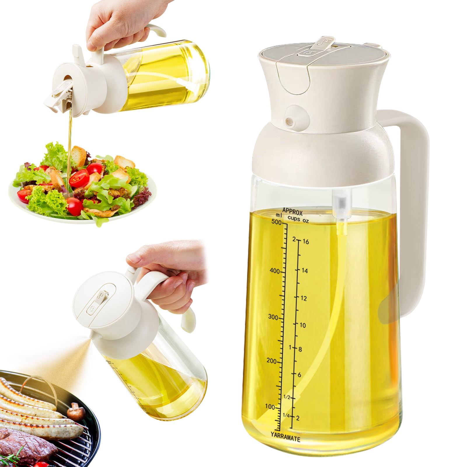 YARRAMATE Large Capacity 2 in 1 Oil Sprayer for Cooking with Measuring, 18oz/550ml Olive Oil Dispenser for Kitchen, Food-grade Oil Spritzer Bottle for Air Fryer, Salad BBQ (Creamy White)