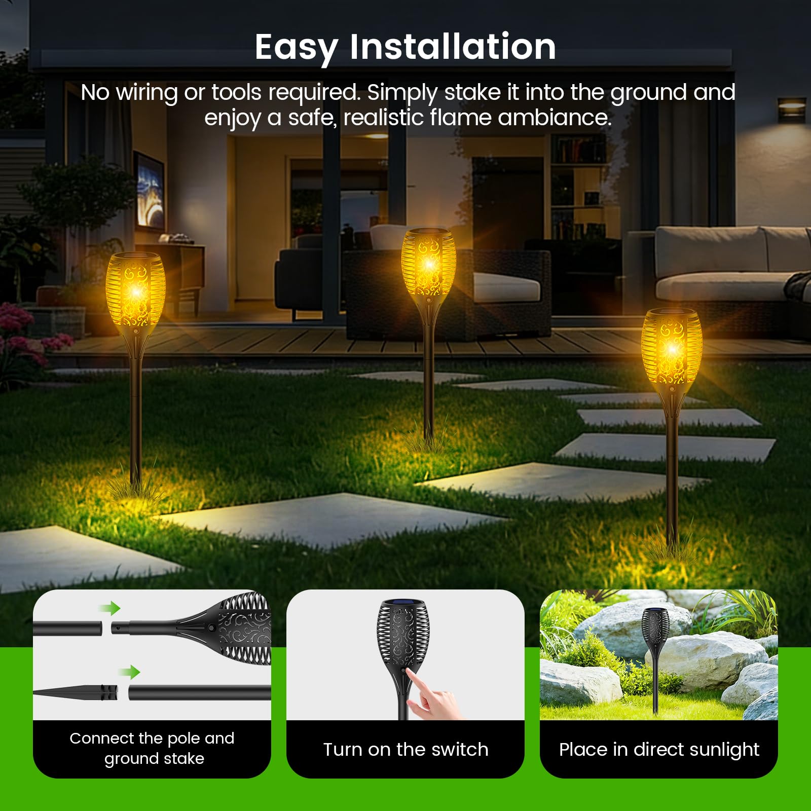 Luces Solares LED Exterior 4 Piezas, Antorchas Solares 33 LED Efecto Llama Realista, IP65 Impermeable Jardín