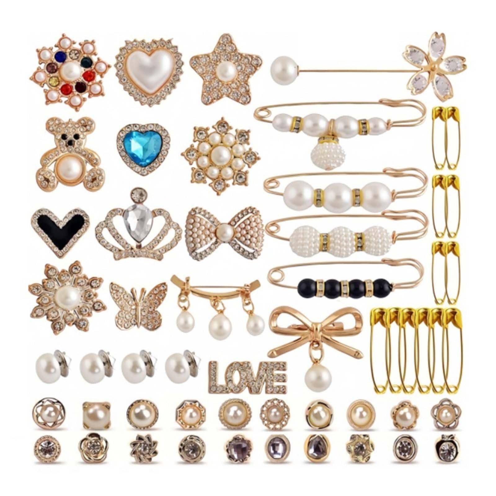 CUNZJIA 55Pcs Brooch Pins Artificial Pearls Rhinestones Safe Pins Charm for Sock Sweater Shawl Clip Pants Waist Tightener Pin