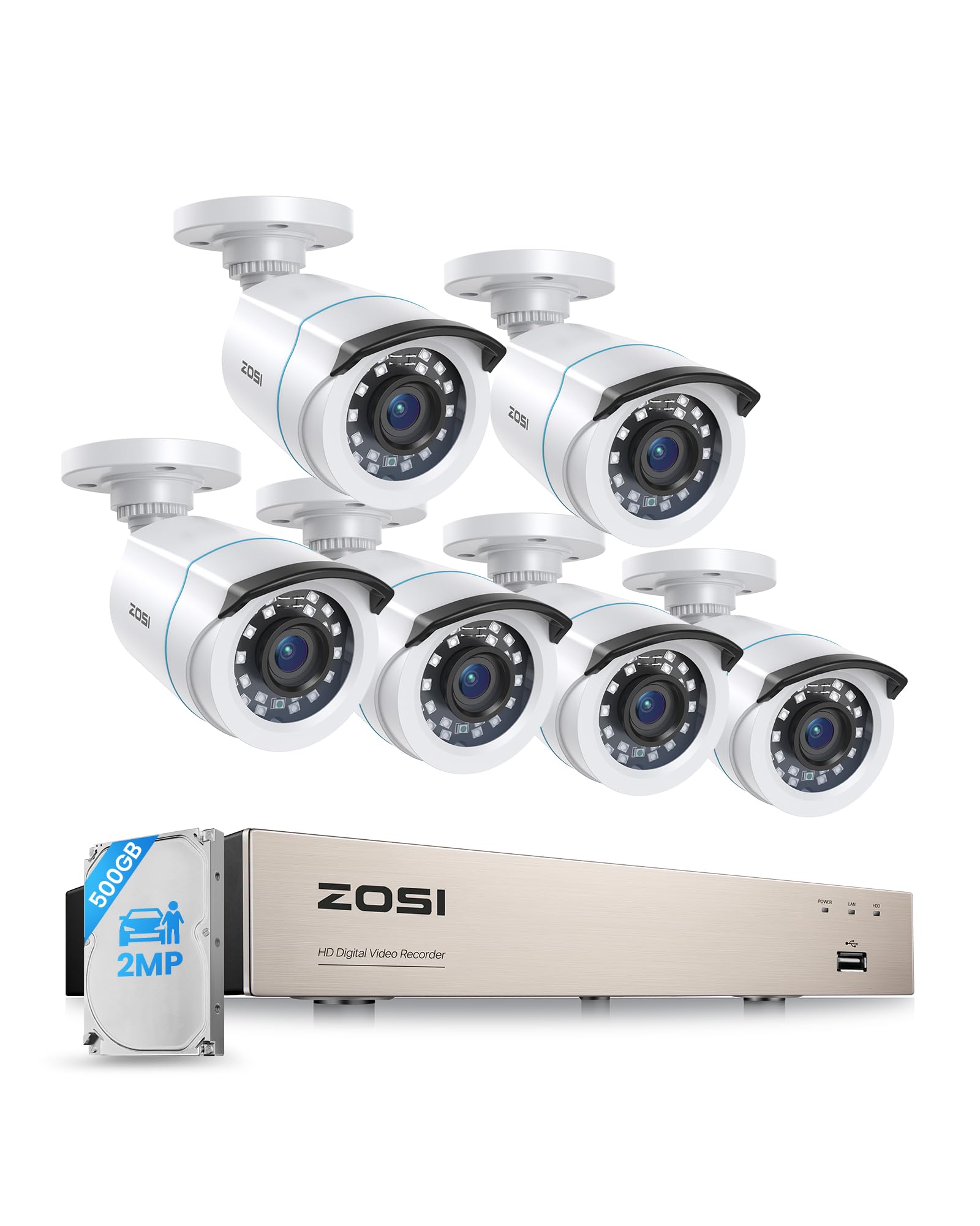 ZOSI 1080P Telecamera di Sorveglianza per Esterni Set 8CH 500GB DVR e 6 Telecamere di Sicurezza Cablate 1080P per Esterni, Riconoscimento di Persone e Veicoli, Visione Notturna IR 24m