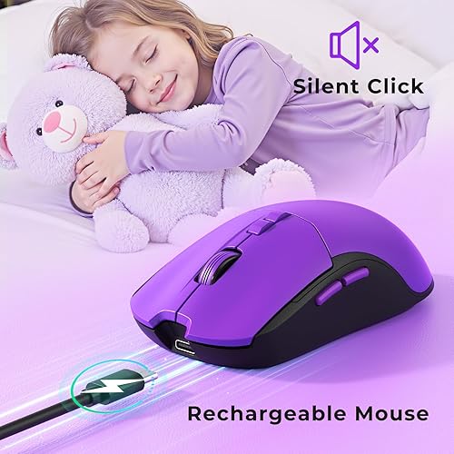 Vista 3 de Juego de teclado y mouse inalámbricos con teclas silenciosas, teclado morado de tamaño completo de 2.4 G y mouse con reposamuñecas, fundas Violeta