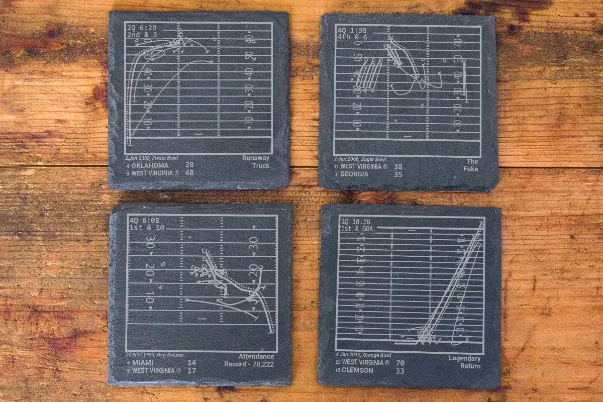 Greatest West Virginia ® Football Plays: Slate Coasters (Set of 4) | Iconic College Football Moments | Unique Gift for Sports Fans