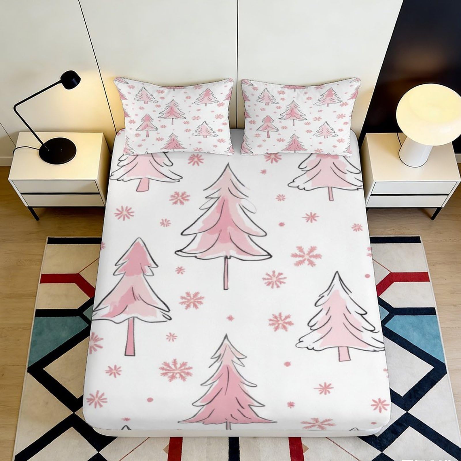 3D Printed Pink Christmas Tree Fitted Sheet Microfiber Soft Bedroom Decor Snowflake Mattress Cover 90x200x25cm