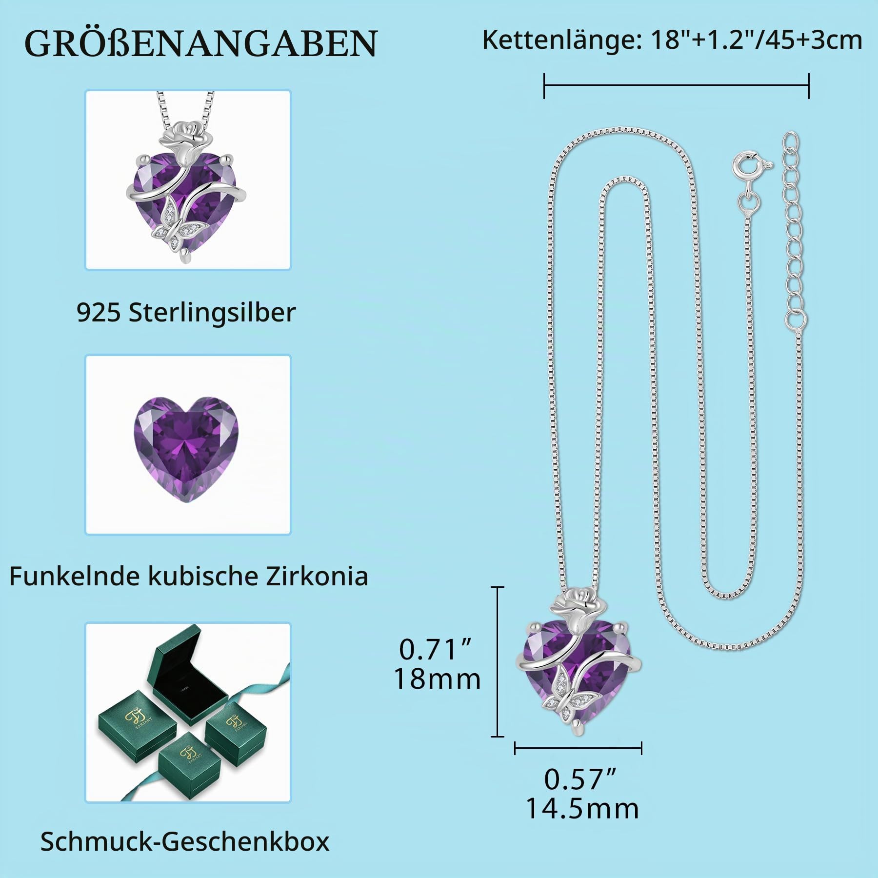 FJ Herz Geburtsstein Kette Damen 925 Sterling Silber Schmetterling Kette Anhänger mit Rose Blume Schmuck Geschenke für Frauen Mutter Freundin Mama
