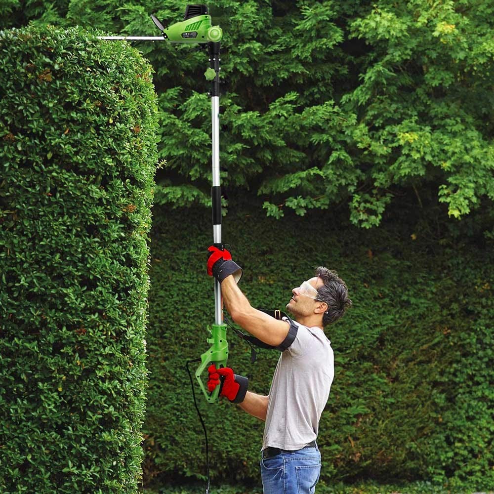 BAKAJI Cortasetos telescópico eléctrico con barra extensible, corta setos hoja 41 cm con inclinación, hoja ajustable mantenimiento jardín, cortabordes desbrozadora (700 W con motosierra 2 en 1)
