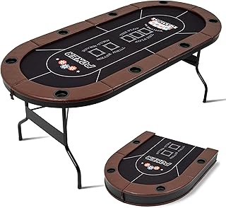 8 Player Folding Poker Tables, Texas Holdem Table with Padded Rails & Cup Holders, Foldable Casino Poker Table, Oval Blackjack Tables Foldable Leisure (Black)