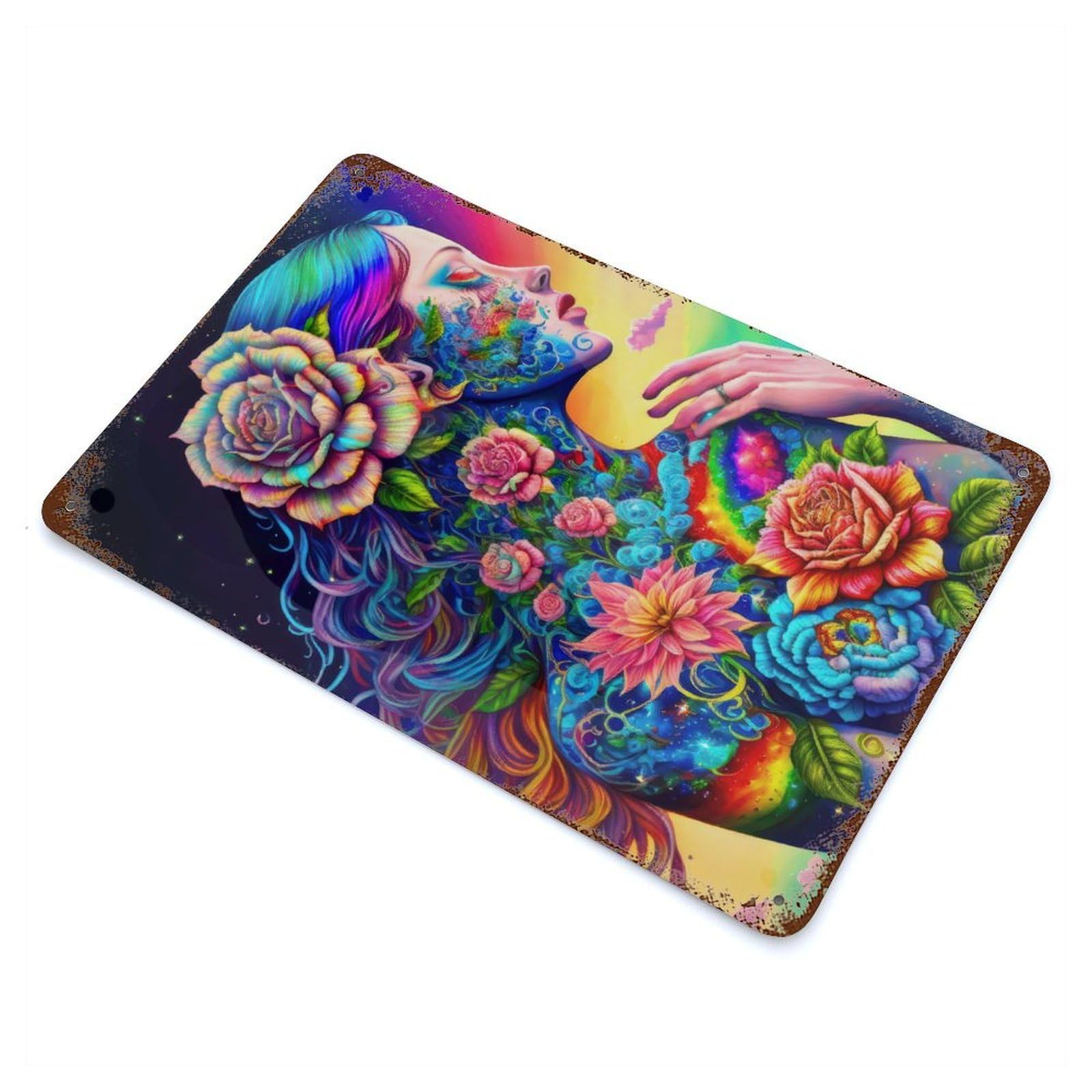 Rainbow Flower Goddess Vintage Rust Metal Sign 11.8"x7.9", Classic Wall Plaque for Basement, Hobby Room And Garage Decor