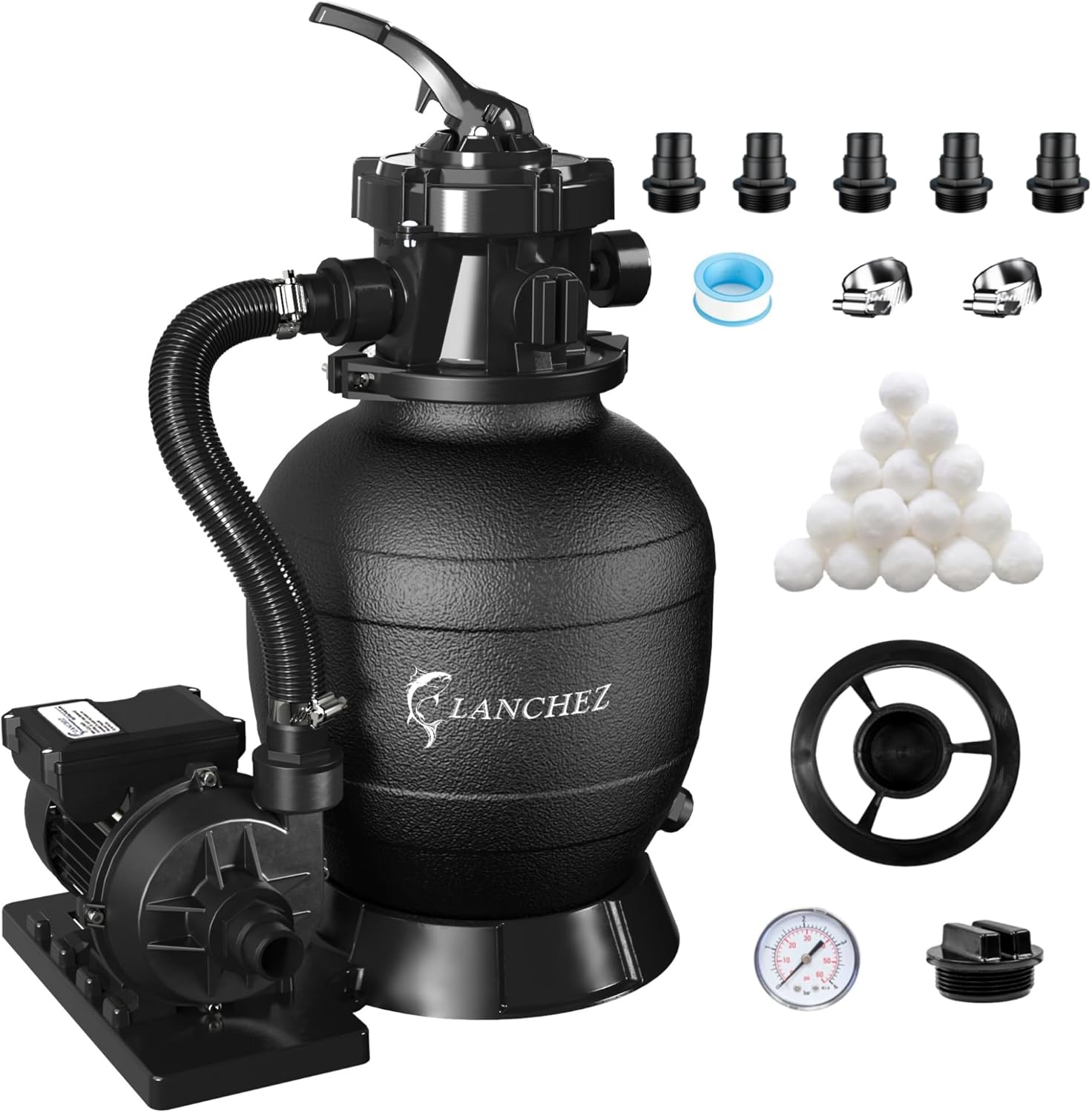 LANCHEZ 12'' Sand Filter Pump for Above Ground Pool, 1/3 HP, Max 2400 GPH for Pools Up to 7000 GAL, 6-Way Valve Pool Sand Filter System, Enhanced Circulation for Crystal-Clear Pool