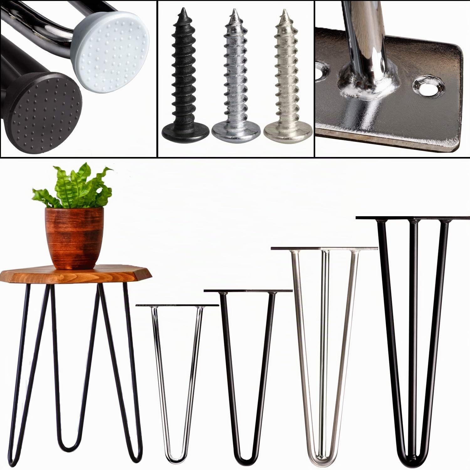 STAHLIA Haarnadel Tischbeine Möbelfuß Höhe 71cm Chrom (4er SET) 3 Streben Ø12mm Tischgestell Hairpin Leg Möbelfüße Schalldämmung inkl. Bodenschoner