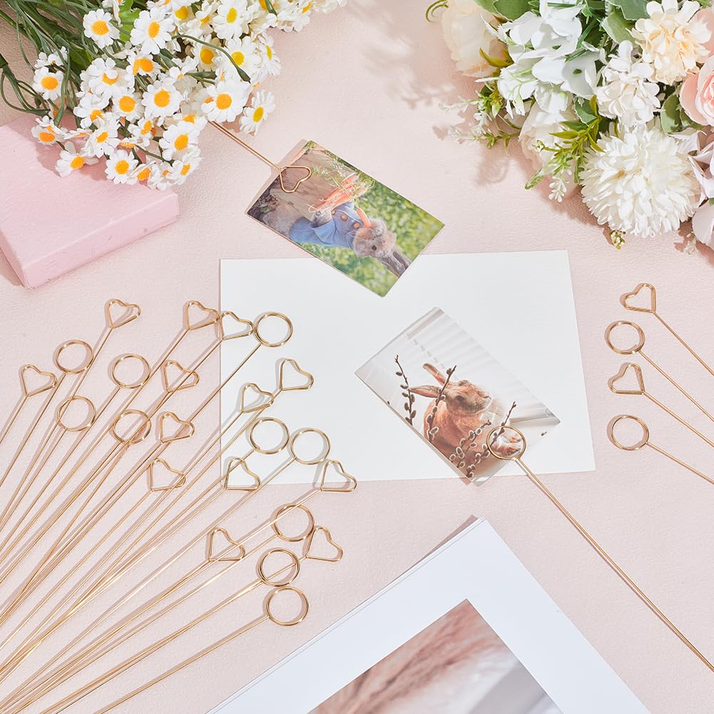 CREATCABIN 40 pz. Bastoncini per Biglietti Floreali Portafiori Metallo Dorato Acciaio A Forma Cuore per Biglietti Regalo Foto Immagini Porta Memo Bastoncini Composizioni Floreali Matrimonio Fai Te