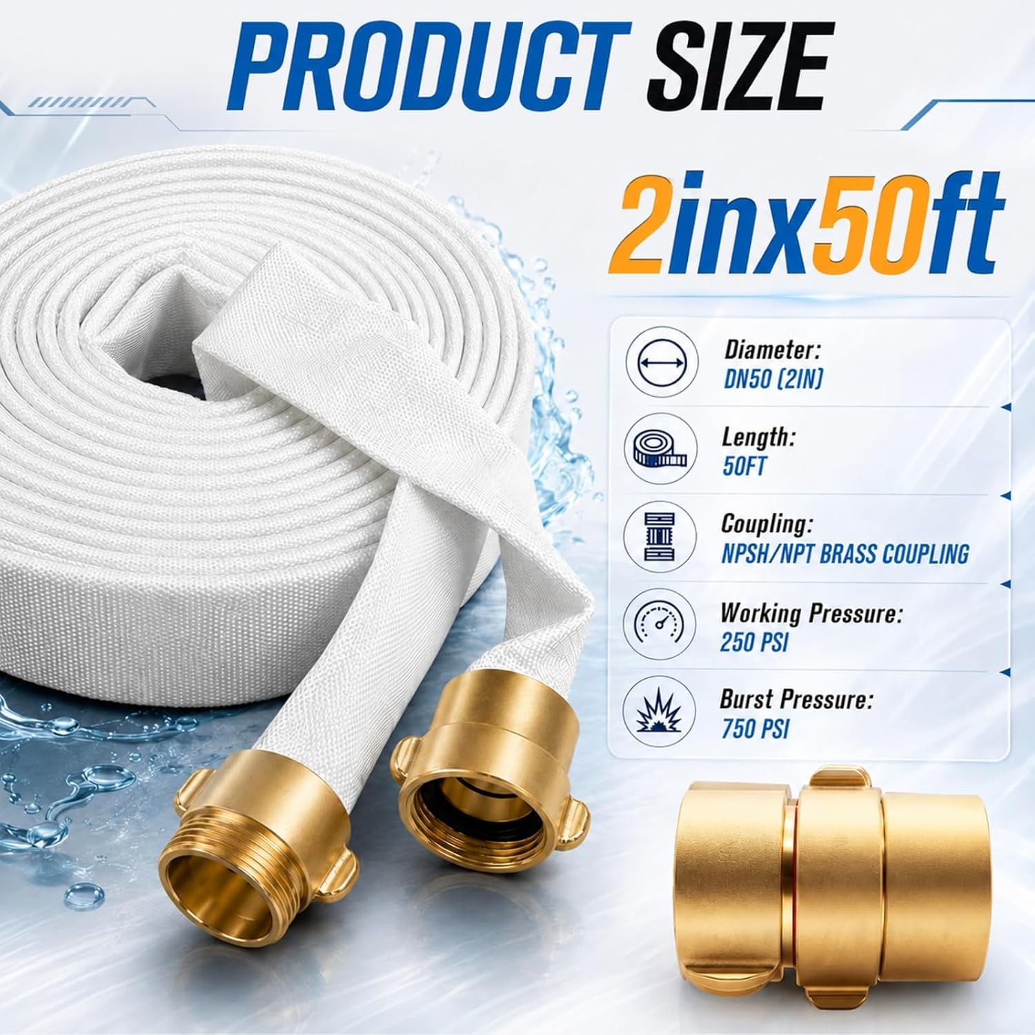 Industrial Fire Hose, 2 in x 50 ft Hose with Brass Couplings | White 750 PSI Burst Pressure Hose With NPSH/NPT Brass Couplings For Water Transfer, Irrigation And Outdoor Utility Use