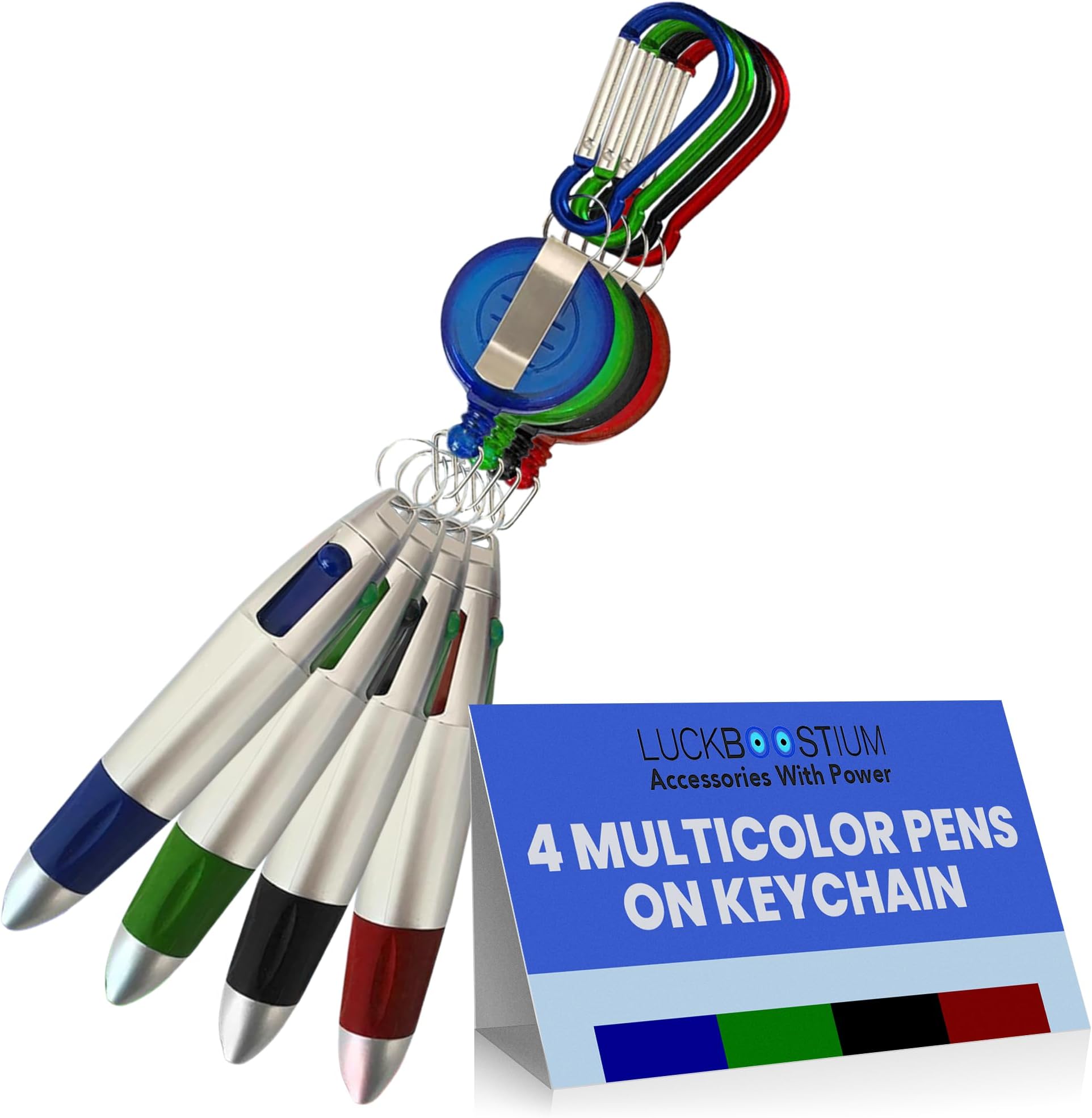 LUCKBOOSTIUM4 Multi-Colored Pens in One, Ballpoint Pen Keychain with Carabiner, Retractable Badge Reel Holder, and Belt Clip - Travel Pens for Nurses, Teachers, Students, and Colleagues